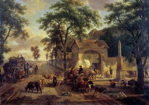 Tájképi út parasztok, csordák és pásztorok szekerével. Jean Louis Demarne (1744-1829) festménye XIX. Homályos. 0,5x0,61 m.