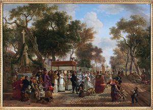 Corpus Christi körmenet egy faluban - A Corpus Christi körmenet egy faluban, Jean Louis Demarne (De Marne vagy Demarnette) (kb. 1752-1829). Olaj, fa. Mérete: 48x67 cm. Magángyűjtemény