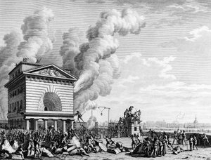 Francia forradalom: A párizsi konferencia sorompójának tüze 1789. július 12-én. Berthaut metszete Prior után. Párizs, az Institut d