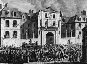 Francia forradalom: A forradalmárok 1789. július 13-án, hétfőn kirabolták a Saint Lazare házat Párizsban. Berthaut metszete Prior után. Párizs, a Forradalomtörténeti Intézet könyvtára