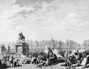 Francia forradalom: XV. Lajos tér, Charles Eugene de Lorraine, lambesci herceg (1754-1825) sárkányai 1789. július 12-én megrakták a Jacques Necker (1732-1804) és az orléans-i herceg mellszobrait szállító kortezsot. Bertha metszet Prior után. Párizs,