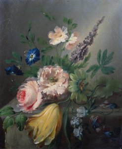 Csendélet rózsákkal, golgotavirágokkal, tulipánnal és más virágokkal egy kőpárkányon