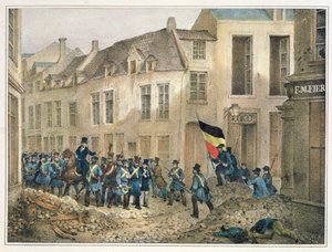 A Rue de Louvain, Brüsszel, 1830. szeptember 23., metszet: A.M. Jobard (fl.1820-30) alkotó: Jean-Louis Van Hemelryck