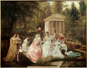 Malmaison rózsája: Josephine de Beauharnais császárné és Bonaparte Napóleon császár és tiszteletbeli hölgyei Victor Vigger du Vigneau (1819-1879) festménye V. 0,71x0,92 m Malmaison, kastélymúzeum