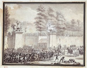 Francia forradalom: „” Monsieur de Lambesc 1789. július 12-én belép a Tuileriákba a Német Királyi Ezred egy különítményével”” Jean-Louis Prieur (1759-1795) rajza tintával és mosással