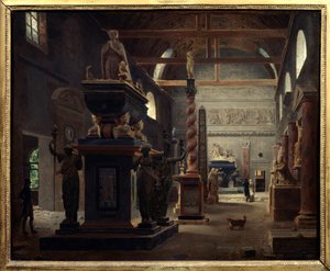 A Musee des Monuments Francais bemutatkozó terme a Petites Augustins rue Bonaparte kolostorában Párizsban Jean Lubin Vauzelle festménye (1776-1837) 1812 V. 0,6x0,75 m Párizs, Musee Carnavalet.