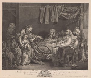 Család egy betegágy körül La Dame Bienfaisante (cím a tárgyon) alkotó: Jean Massard