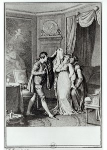 „Vedd le a fátylat” – mondta az öregasszony Candide-nak – illusztráció Francois Voltaire (1694-1778) „Candide” című művének 7. fejezetéből, 1787 (metszet) (bw fotó)