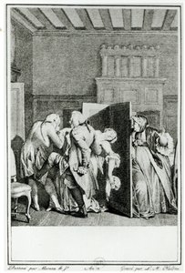 A báró... néhány figyelemre méltó rúgással üdvözölte Candide-ot, és kiűzte az ajtóból. Illusztráció Francois Voltaire (1694-1778) Candide című könyvének 1. fejezetéből, Louis Michel Halbou metszetével ( alkotó: Jean Michel the Younger Moreau