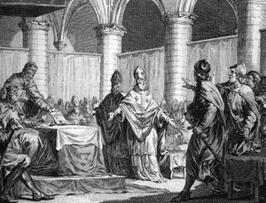 Pépin le Brief és Carloman egyházi tized megállapítása (743). Metszet Moreau után a fiatal 18. századi metszet. Magángyűjtemény.