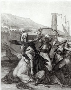 „A kapitányom mögöttem rejtőzött, és kihúzott szablyájával mindenkit levágott, aki ellenezte” – illusztráció Francois Voltaire (1694-1778) „Candide” című művének 11. fejezetéből (metszet) (f/w fotó)