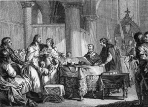 Carloman (kb. 715-754), az ausztráliai palota polgármesterének lemondatása testvére, Pepin III dit Pepin le Brief (714-768), 747 javára. Jean Michel Moreau metsze, dit Moreau le Jeune ( 1741-1814) alkotó: Jean Michel the Younger Moreau