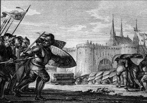 A viking hadsereg megtámadja Saint Germain des Pres-t (Saint-Germain-des-Pres) és apátságát. 9. század (II. Kopasz Károly uralkodása). Jean Michel Moreau metszete, az ifjabb Moreau (1741-1814) alkotó: Jean Michel the Younger Moreau