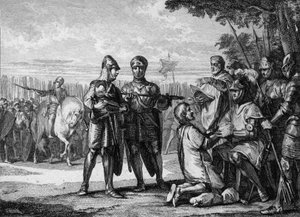 Tertri csata, 687: a Neustriai Armee győztese, Pepin the Jeune vagy Herstal (kb. 653-714), Ausztrália hercege elismeri III. Thierry (657-691) Neustria királyának hatalmát. Jean Michel Moreau metszete, dit Moreau le Jeune (1741-181