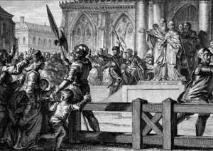 Nagy Károly (747-814) bemutatja a népnek utódját, fiát, Aquitániai Lajost (I. Jámbor Lajos vagy Debonnaire, 778-840). Aix la Chapelle, 813. Jean Michel Moreau metszete, Moreau le Jeune (1741-1814) alkotó: Jean Michel the Younger Moreau