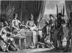 Charles Martel (688-741), a frankok királya kiosztja katonáinak az egyház javait, 718. Jean Michel Moreau metsze, dit Moreau le Jeune (1741-1814) alkotó: Jean Michel the Younger Moreau