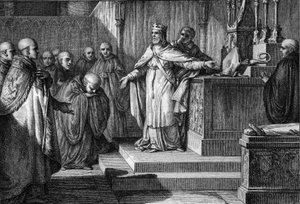 Hugues Capet (941-996) újra beindította a kánoni választásokat: a frankok királya megengedte, hogy a szerzetesek megválasszák apátjaikat úgy, hogy egy oltáron egy keresztet és egy mitrát helyeztek el. Jean Michel Moreau metszete, Moreau le Jeune (1741-1814 alkotó: Jean Michel the Younger Moreau