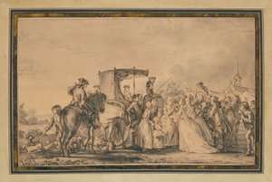 Marie Antoinette, aki kiszáll a hintójából, körülvéve a kortezsével, vigasztal egy parasztot, 1773 alkotó: Jean Michel the Younger Moreau