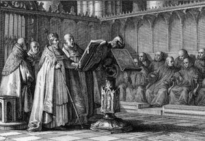 Jámbor Róbert (970-1031), a frankok királya, énekel egy istentiszteleten a pult előtt. Koronáját hordja és jogarát tartja. Jean Michel Moreau metszete, Moreau le Jeune (1741-1814) alkotó: Jean Michel the Younger Moreau