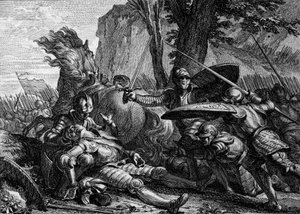 Roland meghalt a roncesvaux-i csatában Nagy Károly és a szaracénok serege között. 778. Jean Michel Moreau metszete, Moreau le Jeune (1741-1814) alkotó: Jean Michel the Younger Moreau