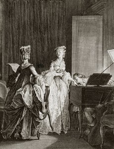 Saint Preux és Claire csembalónál Jean Jacques (Jean-Jacques) Rousseau (1712-1778) svájci filozófus „Julie ou la nouvelle Heloise” című művében - Moreau le jeune, Jean Michel metszete (1741-1814) -Preux, letelepszik a csembalóra, puszi alkotó: Jean Michel the Younger Moreau