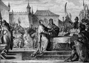 Pepin, the Brief utódlása, 768: a gyűlés úgy döntött, hogy felosztja a királyságot két fia, Nagy Károly (747-814) és Carloman (kb. 751-771) között, ezzel megtörve a Pepin the Brief által kötött megállapodásokat. Jean Michel Moreau metszete, dit Moreau l alkotó: Jean Michel the Younger Moreau
