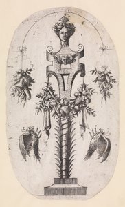 Tervezés egy időszakra a női vezetővel, pánt és trófeák, 1535-55. alkotó: Jean Mignon