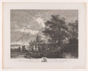 Vadászcsoport egy híddal rendelkező tájon Petite Partie de Chasse (cím a tárgyon) Nyomatok Philips Wouwerman festményei után (sorozat címe) Ph.pe Wouwermans Hollandois életművei (sorozat címe) alkotó: Jean Moyreau