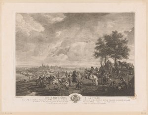 Táj lókereskedőkkel a piacon Les Maquignons à la Foire (cím a tárgyon) Nyomatok Philips Wouwerman festményei után (sorozat címe) Ph.pe Wouwermans Hollandois életművei (sorozat címe) alkotó: Jean Moyreau