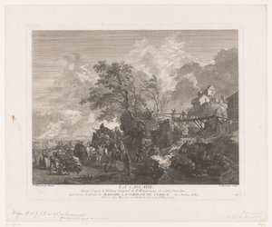 Táj utazókkal egy vízesésnél La cascade (cím az objektumon) Nyomatok Philips Wouwerman festményei után (sorozat címe) Ph.pe Wouwermans Hollandois életművei (sorozat címe) alkotó: Jean Moyreau