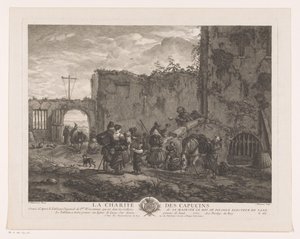 A szerzetesek ételt osztanak a zarándokoknak az udvaron La Charité des Capucins (cím a tárgyon) Nyomatok Philips Wouwerman festményei után (sorozat címe) Ph.pe Wouwermans Hollandois életművei (sorozat címe)
