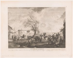 Gyűrűtábla egy falusi fogadóban Cours de la bague (cím a tárgyon) Nyomatok Philips Wouwerman festményei után (sorozat címe) Ph.pe Wouwermans Hollandois életművei (sorozat címe) alkotó: Jean Moyreau