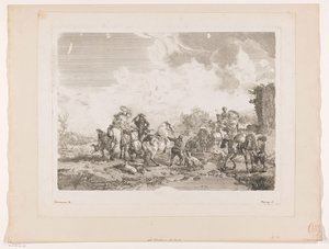 Pihenő vadásztársaság egy szökőkútnál La Fontaine de Venus Nyomatok Philips Wouwerman festményei után (sorozat címe) Ph.pe Wouwermans Hollandois életművei (sorozat címe)