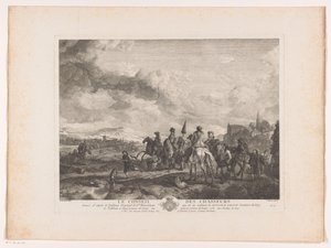 Pihenő vadásztársaság egy tájban Le Conseil des Chasseurs (cím a tárgyon) Nyomatok Philips Wouwerman festményei után (sorozat címe) Ph.pe Wouwermans Hollandois életművei (sorozat címe)