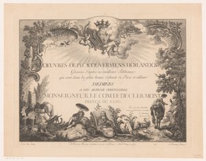 Címnyomat alakokkal és állatokkal egy tájban, Philips Wouwerman portréjával Nyomatok Philips Wouwerman festményei után (sorozat címe) Oeuvres de Ph.pe Wouwermans Hollandois (sorozat címe a tárgyon)