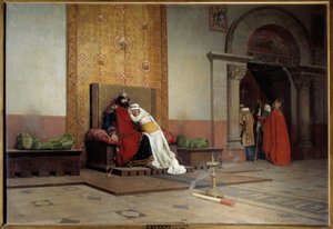Jámbor Róbert kiközösítése 998-ban. A francia király, Hugues Capet fia beleszeret, és feleségül veszi unokatestvérét, a burgundiai Berthe-t, annak ellenére, hogy V. Gergely pápa kiközösítette, aki szintén kiközösíti. Jean Paul Laurens festménye (1838-19
