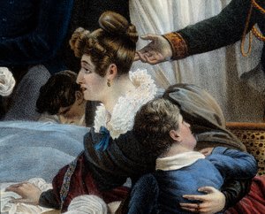 Napóleon halála, 1821.05.05. Saint Helenedetail-ben, Fanny Bertrandot, Henri Gatien Bertrand (1773-1844) feleségét képviselve. Jean Pierre Marie Jazet (1788-1871) litográfiája Charles Auguste Steuben (1788-1856) Malmaison festménye alapján. Chateau