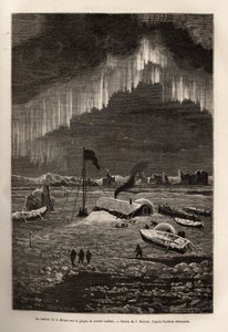 Hajójuk elhagyása után a La Hansa legénysége tábort épített egy származékos glaconra, amelyet az aurora boreale világított meg, J. Moynet rajza nyomán metszett, amely a La Germania és a La Hansa hajók északi sarki útját illusztrálja. , 1869-ben