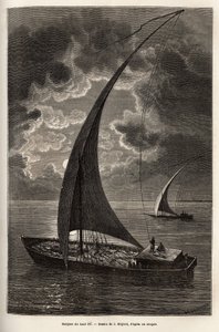 Les barques du haut Nile, csökkentett személyzet és a fedélzeten alvó utasok holdfényben, metszet J. Moynet rajza után, amely az 1868-1871-es Afrika szívébe vezető utazást illusztrálja, Dr. Georges Schweinfurth, megjelent a „” Le tour du monde”” 1874, szer