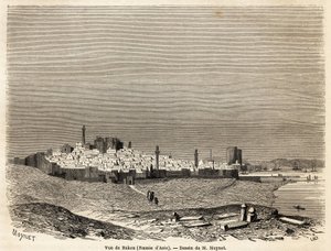 Baku (Oroszország, Azerbajdzsán) képe, Mr. Moynet rajza a Kaszpi-tenger partjaihoz vezető utazás szemléltetésére 1858 októberében, Mr. Moynet. Metszet a „” Le tour du monde, nouveau Journal des voyages”” Párizsban