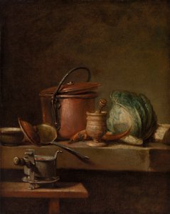 Csendélet rézfazékkal, káposztával, mozsártörővel és tűzhellyel alkotó: Jean Baptiste Simeon Chardin