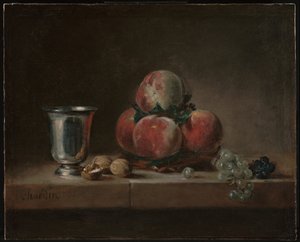 Csendélet őszibarackkal, ezüst serleggel, szőlővel és dióval alkotó: Jean Baptiste Simeon Chardin