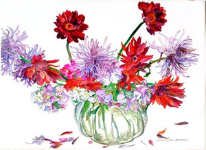 Gerbera százszorszép, betlehemi csillag, pók krizantém, Heisey kancsó, 2000 (akvarell és tinta, papír) alkotó: Jean Swan Gordon