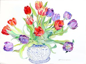 Tulipánok tálban festett halakkal és madarakkal, 2006 (akvarell és tinta, papír)
