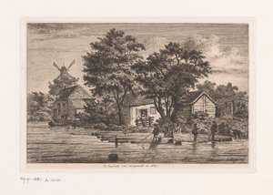 Kilátás az antwerpeni angol mellényre, amelyen a fatörzseket gyűjtik, épületek és egy malom a háttérben Az 1867-ben elkészült angol mellény (cím a tárgyon) alkotó: Jean Théodore Joseph Linnig