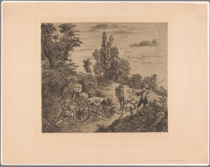 Táj egy vízbe ragadt autóval, amelyet egy csapat ember oldalra emel alkotó: Jean Théodore Joseph Linnig