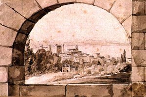 Kilátás a városra és a Bracciano-tóra, 1810 körül (toll és szépia tinta szépia mosással papíron) alkotó: Jean Thomas Thibault