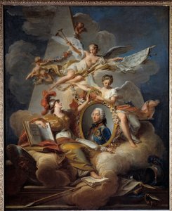 Louis Charles Auguste Fouquet, Belle Isle hercege, Franciaország marechal (1684-1761) allegorikus portréja. Festmény egy festményben. Jean Valade (1709-1787) festménye 1758 V. 1x0,8 m