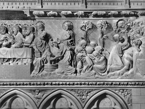 Katedrális, belső tér, kórus paraván, Utolsó vacsora, Jézus Krisztus az apostolok lábát mosva, Krisztus az olajfák kertjében, 1340-51 körül (polikróm kő)