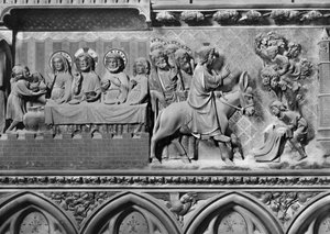 Katedrális, belső tér, kórus paraván, Házasság Kánában, Krisztus belépése Jeruzsálembe, 1340-51 körül (polikróm kő)